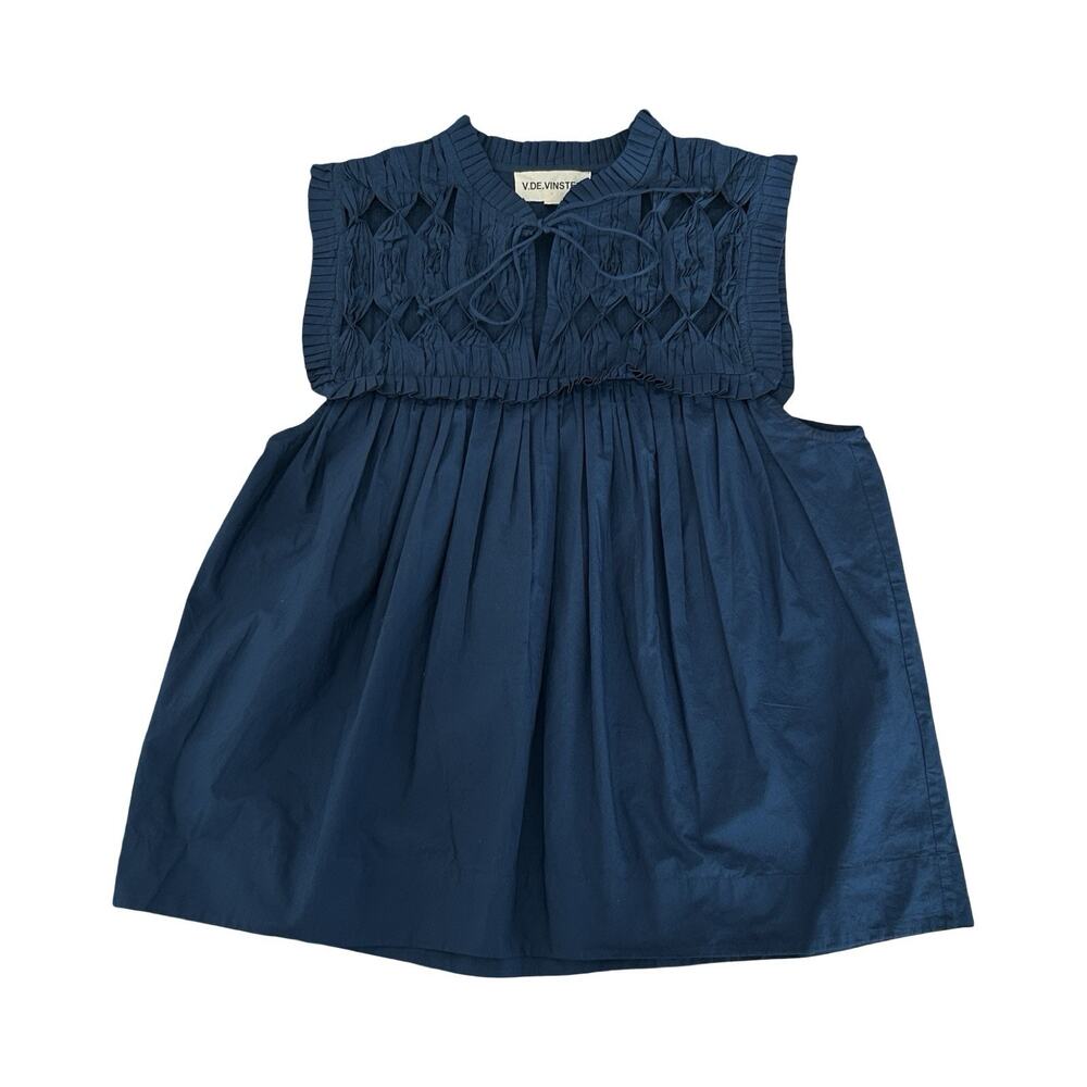 V. De. Vinster Birdy Blouse Size M Ocean Blue Cotton Ruffle Collar Sleeveless